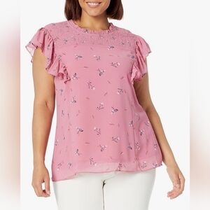 City Chic Women's Pink Petal Floral Ruffle Short Sleeve Smocked Blouse Sz XS/14